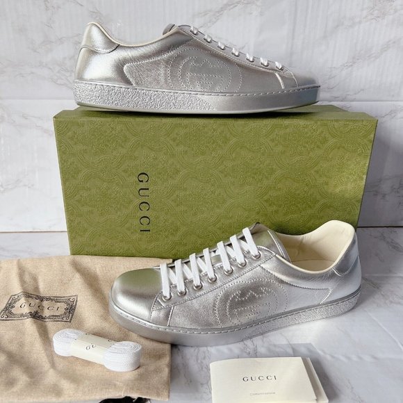 NIB Gucci Ace Mens Low top Interlocking GG Sneaker 660266 Silver Leather US 8 - Picture 2 of 14